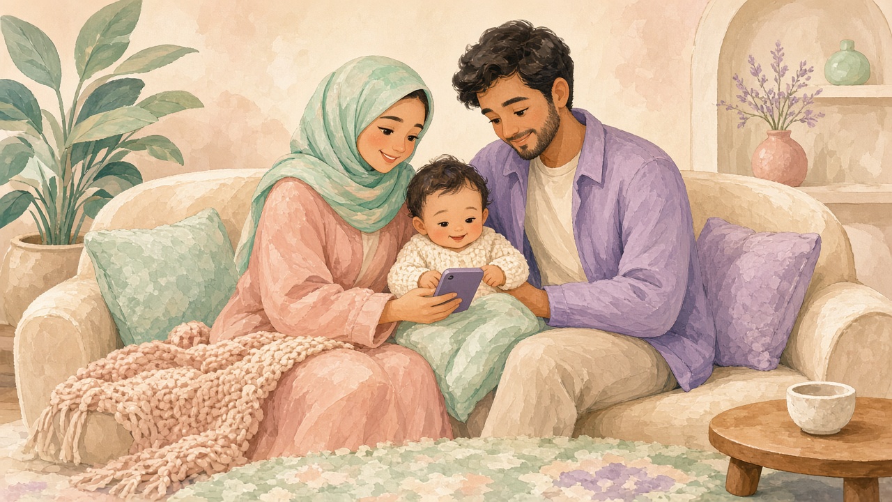 پدر و مادر با نوزاد روی مبل نشستهاند و با هم به صفحه نگاه میکنند