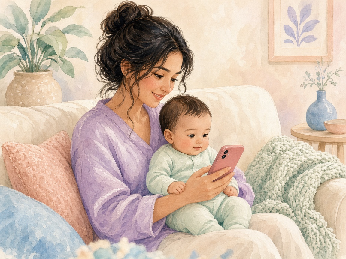 مادر نوزاد را در آغوش گرفته و هر دو به صفحه نگاه میکنند